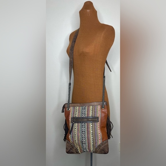 Firenze Bella Cross Body Aztec Tapestry & Leather Tassel Stud Detail Handbag - Picture 1 of 10